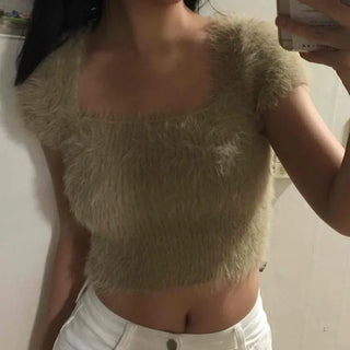 Pure Angora Square Neck Short Sleeve Knit