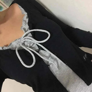 Ribbon Layered V-Neck Long Sleeve T-Shirt