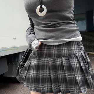 Marine Girlish Button Check Mini Skirt