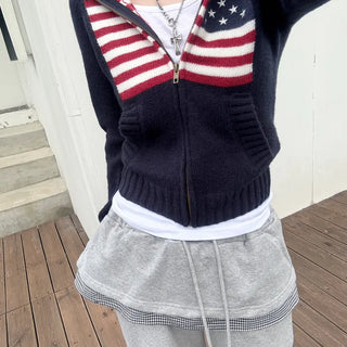 Roro Hip Girl American Flag Knit Crop Zip-up Hoodie