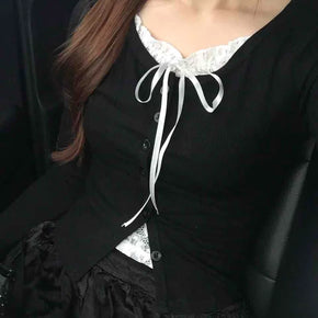 Minimal Lace Set Plain Basic Long Sleeve T-shirt