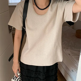 Thick and soft peach spandex U-neck short-sleeve T-shirt