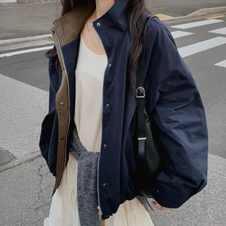 Pretty Cotton Contrast Collar Oversized Jacket High Neck Loose Fit Two-way Short Field Jacket Trench Field Jacket Autumn Transitional Season
