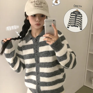Lovely Mood, Chocolate Chip Angora Color Block Striped Loose Fit Collared Long Sleeve Knit Cardigan