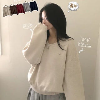 A fit that evokes protective instincts, Thick V-neck Pendant Avant-garde Loose Fit Long Sleeve Knit
