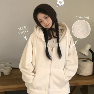 Full of Cuteness, Daily Embroidered Logo Fleece Sherpa Fleece Thick Pocket Zip-Up Hooded Jumper