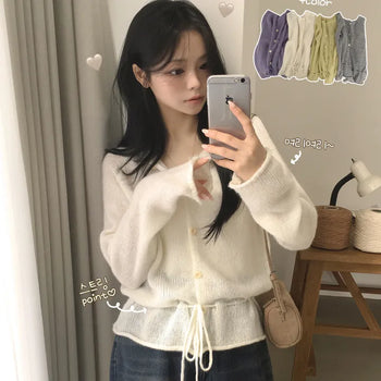 Full of innocence, Raglan U-neck Waist String Strap Ribbon Knot Ruffle Delicate Fit Long Sleeve Knit Cardigan