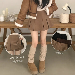 Perfect fit without waist gaping, Corduroy Inner Shorts A-Line Pleated Autumn/Winter Mini Skirt