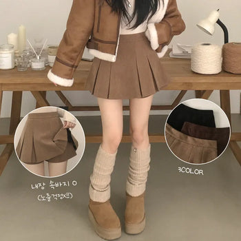 Perfect fit without waist gaping, Corduroy Inner Shorts A-Line Pleated Autumn/Winter Mini Skirt
