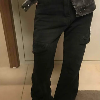 Black street pocket denim long pants
