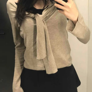 Wood Tie Ribbon Way Off-Shoulder Cuff Knit