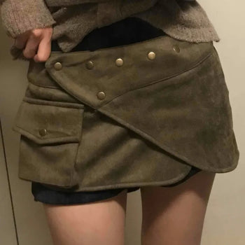 Khaki Vintage Suede All-Season Mini Skirt