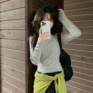 Pure Cotton Peach Brushed Semi-Crop Long Sleeve Tee Plain Inner Tee Round Neck Basic Basic Tee Layering Autumn Winter