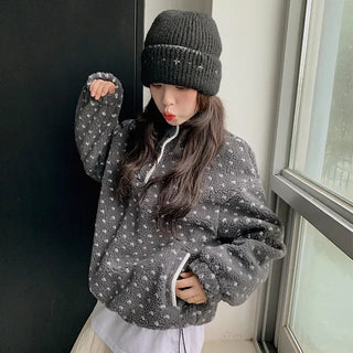 Yourly Dot Tumble Button Half-Neck Sweatshirt Layered Drawstring Oversized Sherpa Fleece Autumn Winter