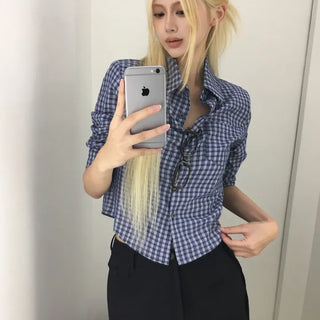 Note Blue Check Crop 3/4 Sleeve Shirt