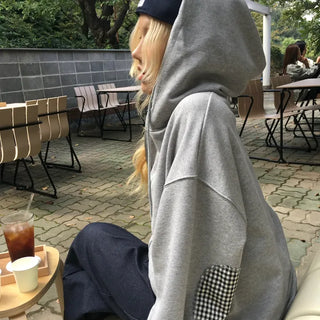 Polyester Check Patch Snap Pocket Point Zip-Up Hoodie