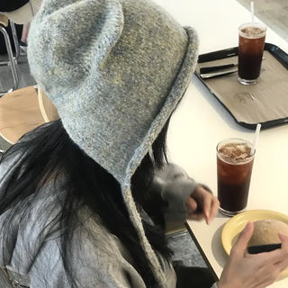 Cat knit string hooded beanie (3 colors)