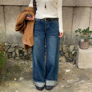 Back Pocket Rolled-Up Wide Denim Pants S, M, L - 1 color