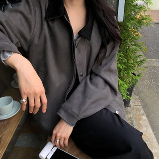 Heart Women's Loose Fit Work Jacket Collared Casual Jacket for Transitional Season