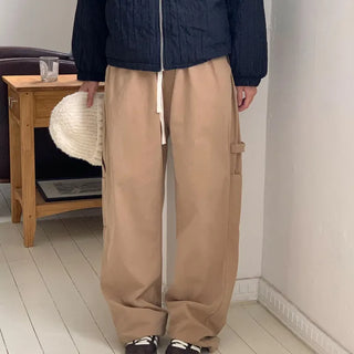Patch Carpenter Elastic Waist Pants Cotton Wide Pants