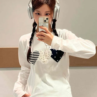 Hip Autumn Cotton Striped Heart Long Sleeve T-shirt
