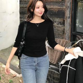 Simple Cotton Plain 3/4 Sleeve Long-Sleeve T-Shirt