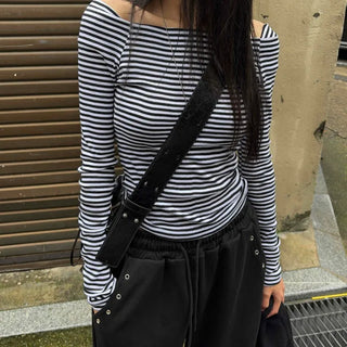 Natural Stripe Off-Shoulder Long-Sleeve T-Shirt