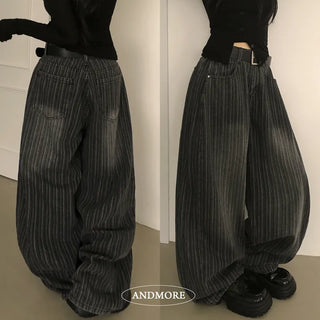 Subtle Accent, Vintage Washed Stripe Side Folding Pintuck Wide Long Denim Pants