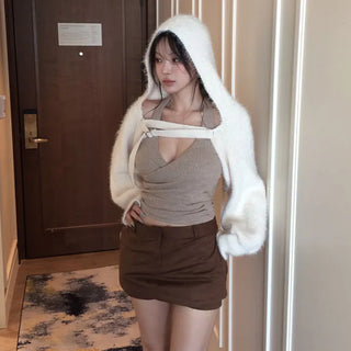 Looking hooded knit bolero