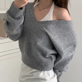 Halter Knit Layered One-Shoulder Setup