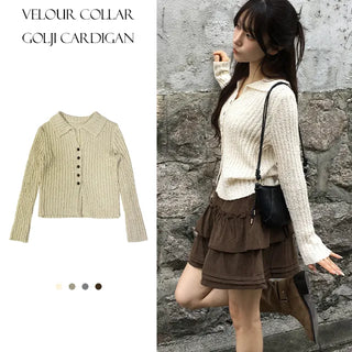 Velour Collar Ribbed Cardigan