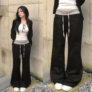 Complete your stylish look, Contrast Ribbed Low-Rise Elastic Back Pocket Cotton Bootcut Long Pants