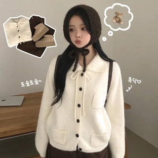 Lovely Mood, Thick Wool Cable Knit Collar Ribbon Strap Pocket Avant-garde Loose Fit Knit Cardigan