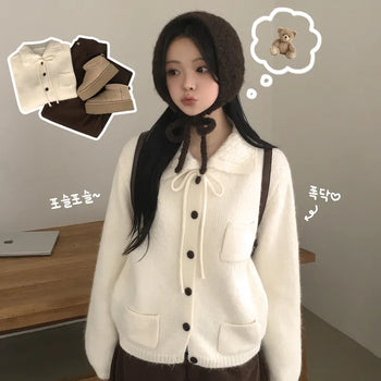 Lovely Mood, Thick Wool Cable Knit Collar Ribbon Strap Pocket Avant-garde Loose Fit Knit Cardigan
