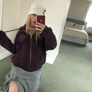 ribbon frill hooded zip-up