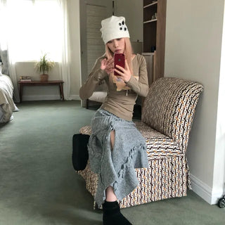 Knit Rose Unbalanced Skirt