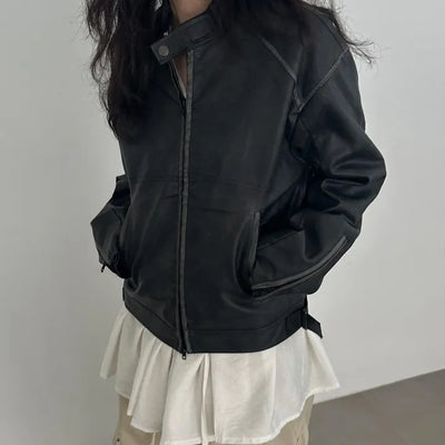 Vintage washed biker leather jacket