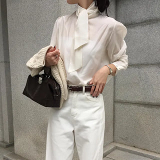 Silk tie blouse, scarf, layered puff sleeves, wedding guest look, work look
