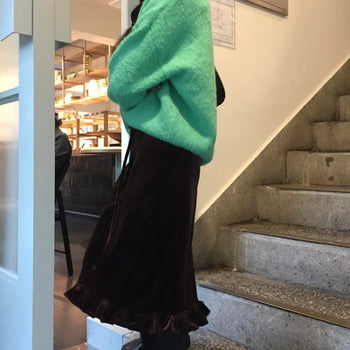 Frill Velvet Midi Skirt Unique New Winter Arrival High Quality Wedding Guest Look