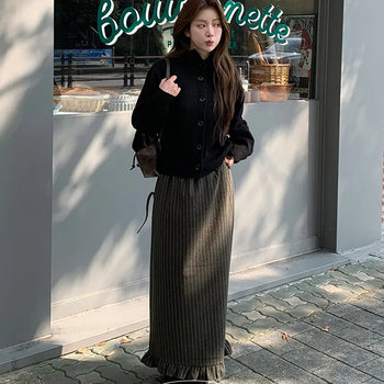 Hem Frill Striped Long Skirt