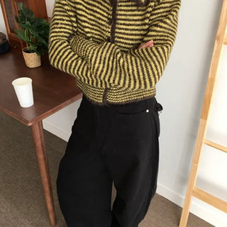 Striped High-Neck Knit Cardigan