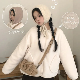 Protective Instinct Oversized Fit, Teddy Bear Sherpa Fleece Contrast Pocket Avant-garde Loose Fit Hooded Cardigan Sherpa Jumper
