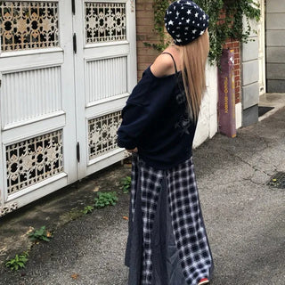 mix check long skirt