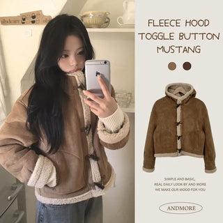 Cozy and warm even in the dead of winter, Fleece Suede Hooded Zip-Up Duffle Button Shearling Jacket