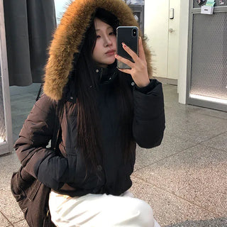 Cocoa Fur Button Hooded Padded Jacket