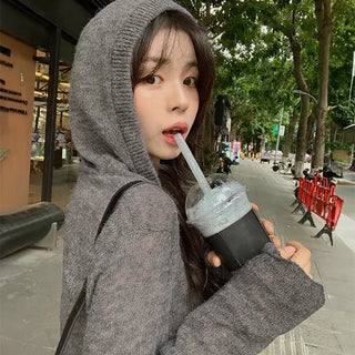 Mizuning Angora Loose Fit Hooded Knit Mohair Button Semi-Crop Long Sleeve Knit Sweater