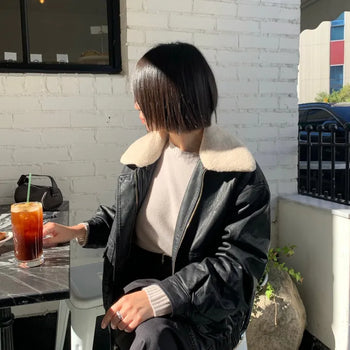 Leather fur jacket collar vintage shearling winter outerwear