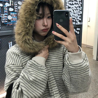 Hailey Striped Fur Knit Zip-up Hoodie