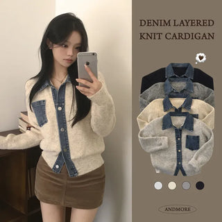 Delicate Avant-garde Fit, Layered Ribbed Wool Delicate Fit Knit Cardigan with Integrated Denim Pocket Collar