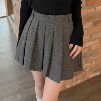 Kani Wool Herringbone Pleated Mini Skirt